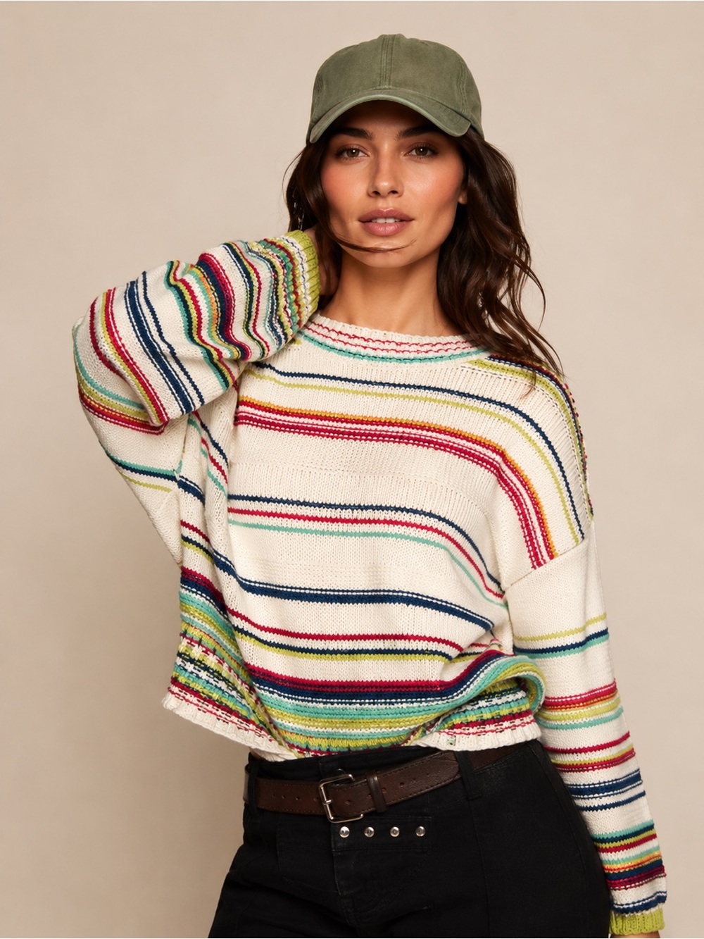 Anthropologie Maeve Multicolor Striped Crewneck Cable Knit Sweater